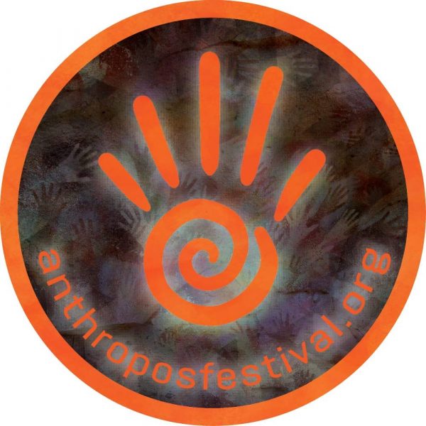 round sticker with orange outline and spiral hand logo on darker background. text reads: anthroposfestival.org